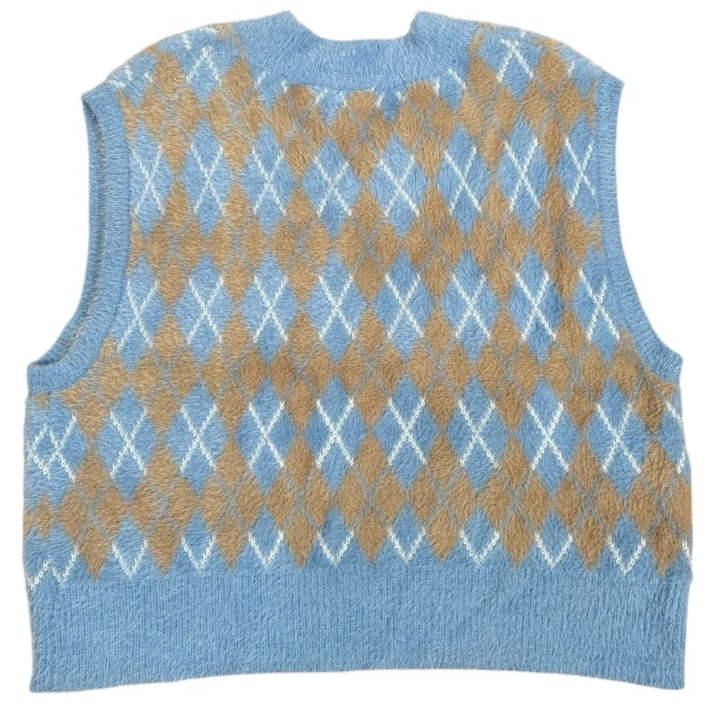 William Rast Womens Argyle Sweater Vest Large Cropped Fuzzy Knit Top Academic